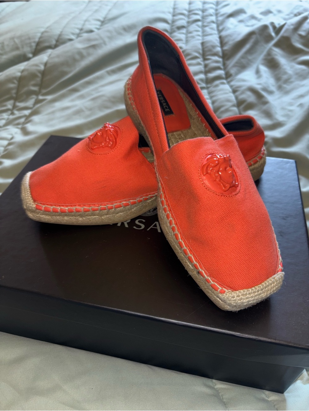 Versace Bright Orange Canvas Espadrille Flats with Medusa Detail